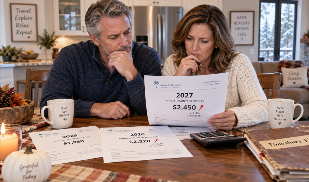 Middle-aged couple smiling at a kitchen table with a folder stamped “Timeshare Exited” and a maintenance fee envelope set aside.